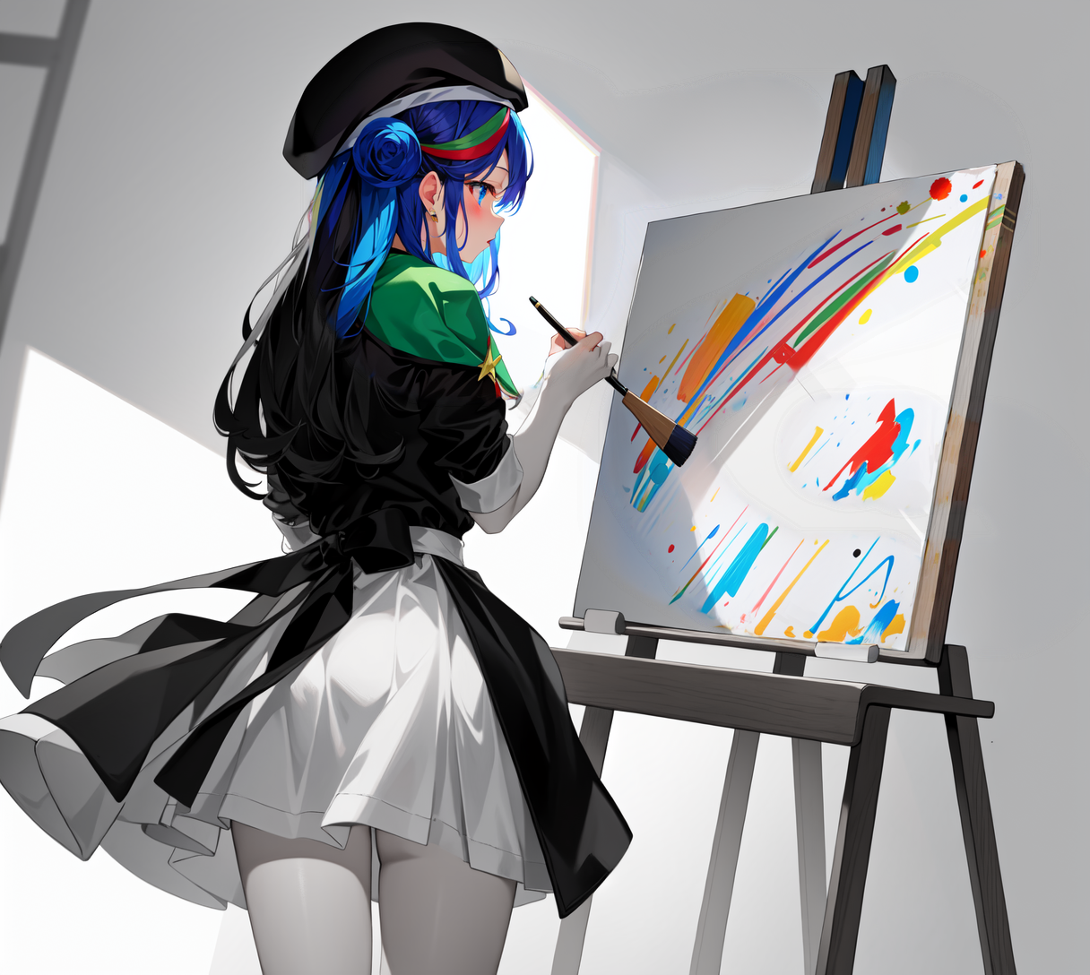 20231021114822-masterpiece, absurdres, solo, 1girl, from behind, artist, beret, canvas _(object_), colorful painting _(object_), holding brush.png